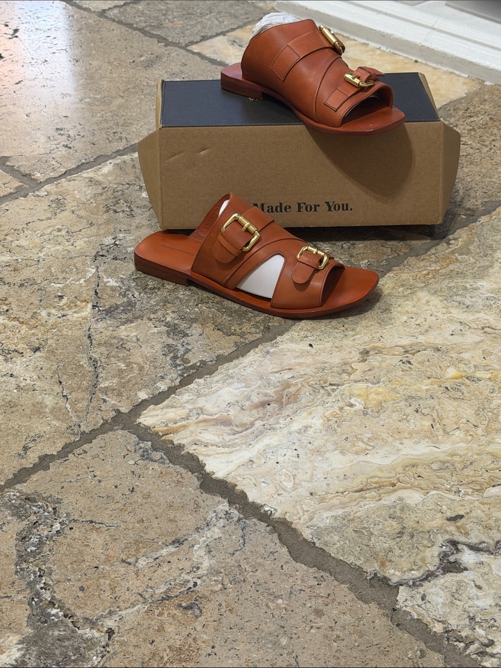 Vintage Foundary Orange Leather Double-Buckle Slide Sandals - Women's
